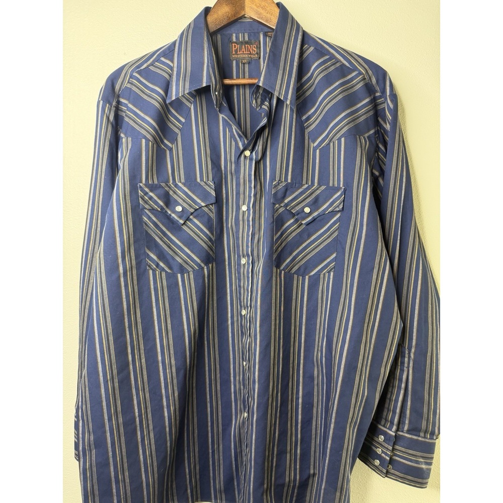 Plains Western Wear Pearl Snap Button Front Shirt Men's XL Blue Yellow Striped‎